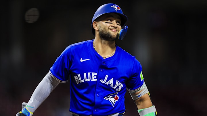 Sep 2, 2025; Cincinnati, Ohio, USA; Toronto Blue Jays shortstop Bo Bichette (11) reacts after a play in the seventh inning against the Cincinnati Reds at Great American Ball Park.