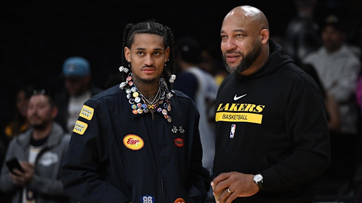 Apr 9, 2023; Los Angeles, California, USA;  Utah Jazz guard Jordan Clarkson (00) talks with Los Angeles Lakers head coach Darvin Ham before the gameat Crypto.com Arena. Mandatory Credit: Jayne Kamin-Oncea-Imagn Images