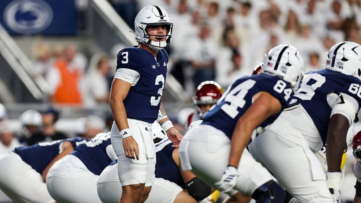 Penn State Nittany Lions quarterback Rocco Becht (3) reacts from the line of scrimmage during the first quarter against the USC Trojans at Beaver Stadium. Penn State Nittany Lions quarterback Rocco Becht (3) reacts from the line of scrimmage during the first quarter against the USC Trojans at Beaver Stadium.