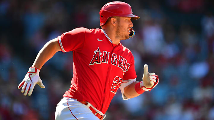 Jun 29, 2023; Anaheim, California, USA; Los Angeles Angels center fielder Mike Trout (27) runs after
