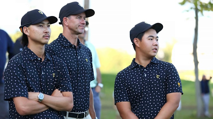 Min Woo Lee, Adam Scott and Tom Kim were part of an International Team that was swept on Day 1 at Royal Montreal. Min Woo Lee, Adam Scott and Tom Kim were part of an International Team that was swept on Day 1 at Royal Montreal.