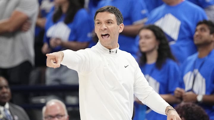 Jun 22, 2025; Oklahoma City, Oklahoma, USA; Oklahoma City Thunder head coach Mark Daigneault directs players against the Indiana Pacers during the second half of game seven of the 2025 NBA Finals at Paycom Center. Mandatory Credit: Kyle Terada-Imagn Images