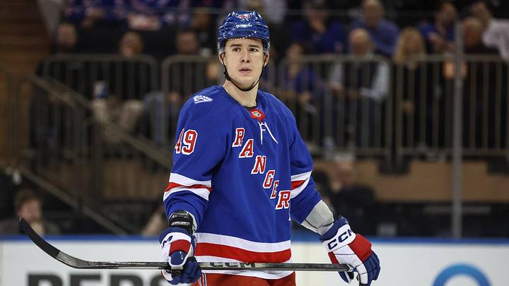 Apr 2, 2026; New York, New York, USA; New York Rangers right wing Jaroslav Chmelar (49) at Madison Square Garden. Apr 2, 2026; New York, New York, USA; New York Rangers right wing Jaroslav Chmelar (49) at Madison Square Garden.