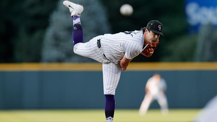 Aug 27, 2024; Denver, Colorado, USA; Colorado Rockies starting pitcher Cal Quantrill (47) pitches in the first inning against the Miami Marlins at Coors Field. Mandatory Credit: Isaiah J. Downing-Imagn Images
