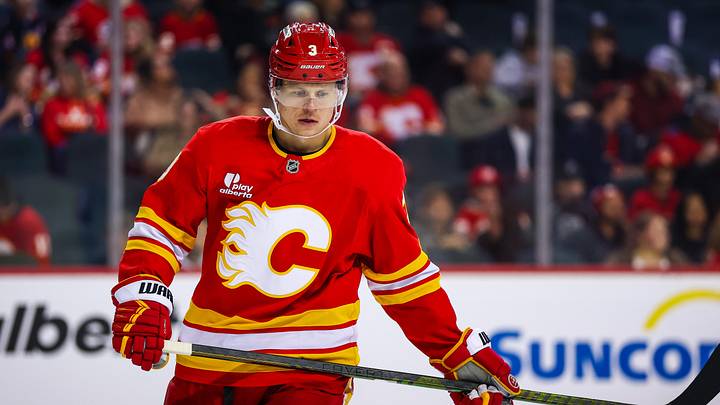Mar 24, 2026; Calgary, Alberta, CAN; Calgary Flames defenseman Olli Maatta (3) against the Los Angeles Kings during the first period at Scotiabank Saddledome. Mandatory Credit: Sergei Belski-Imagn Images