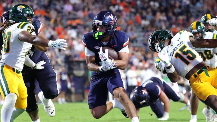 Sep 11, 2026; Charlottesville, Virginia, USA; Virginia Cavaliers running back Noah Vaughn (3) rushes during the fourth quarter against the Norfolk State Spartans at Scott Stadium. Mandatory Credit: Amber Searls-Imagn Images Sep 11, 2026; Charlottesville, Virginia, USA; Virginia Cavaliers running back Noah Vaughn (3) rushes during the fourth quarter against the Norfolk State Spartans at Scott Stadium. Mandatory Credit: Amber Searls-Imagn Images