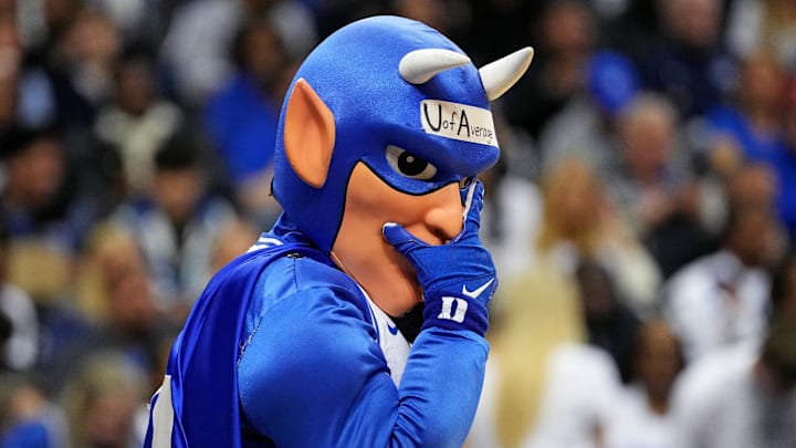 Mar 27, 2025; Newark, NJ, USA; The Duke Blue Devils mascot during the first half during an East Regional semifinal of the 2025 NCAA tournament between the Duke Blue Devils and the Arizona Wildcats at Prudential Center. Mandatory Credit: Robert Deutsch-Imagn Images