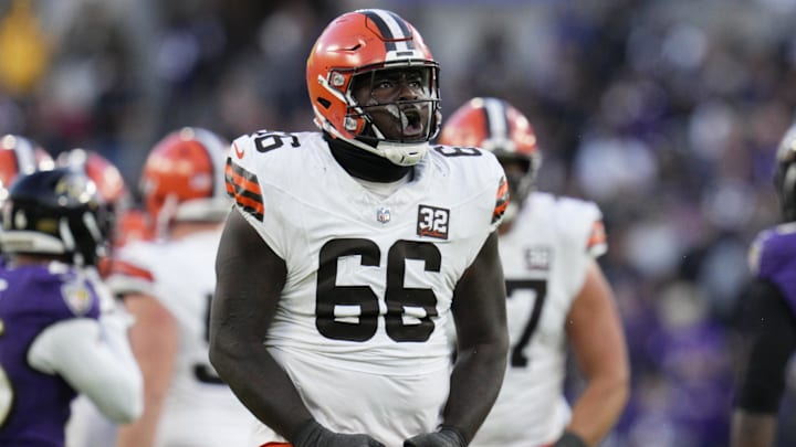 Nov 12, 2023; Baltimore, Maryland, USA; Cleveland Browns offensive tackle James Hudson III (66)