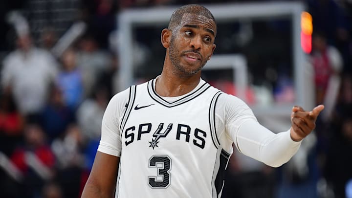 Nov 4, 2024; Inglewood, California, USA; San Antonio Spurs guard Chris Paul (3) reacts during the second half at Intuit Dome.