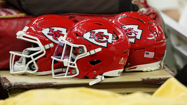 Feb 9, 2025; New Orleans, LA, USA; A detail view of Kansas City Chiefs helmets before Super Bowl LIX between the Philadelphia Eagles and the Kansas City Chiefs at Caesars Superdome. Mandatory Credit: Geoff Burke-Imagn Images Feb 9, 2025; New Orleans, LA, USA; A detail view of Kansas City Chiefs helmets before Super Bowl LIX between the Philadelphia Eagles and the Kansas City Chiefs at Caesars Superdome. Mandatory Credit: Geoff Burke-Imagn Images