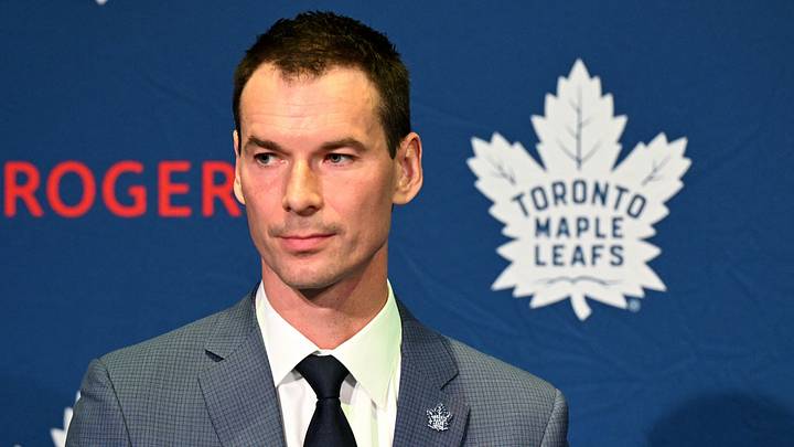May 4, 2026; Toronto, Ontario, CANADA; Toronto Maple Leafs general manager John Chayka speaks to the media  at Real Sports Bar. Mandatory Credit: Dan Hamilton-Imagn Images