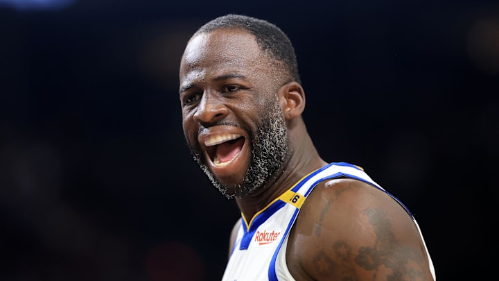 Apr 8, 2025; Phoenix, Arizona, USA; Golden State Warriors forward Draymond Green (23) reacts against the Phoenix Suns during the first half at Footprint Center. Mandatory Credit: Mark J. Rebilas-Imagn Images