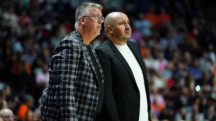 Sep 6, 2025; Uncasville, Connecticut, USA; Connecticut Sun head coach Rachid Meziane and assistant coach	Pascal Angillis watch from the sideline as they take on the Phoenix Mercury at Mohegan Sun Arena. 