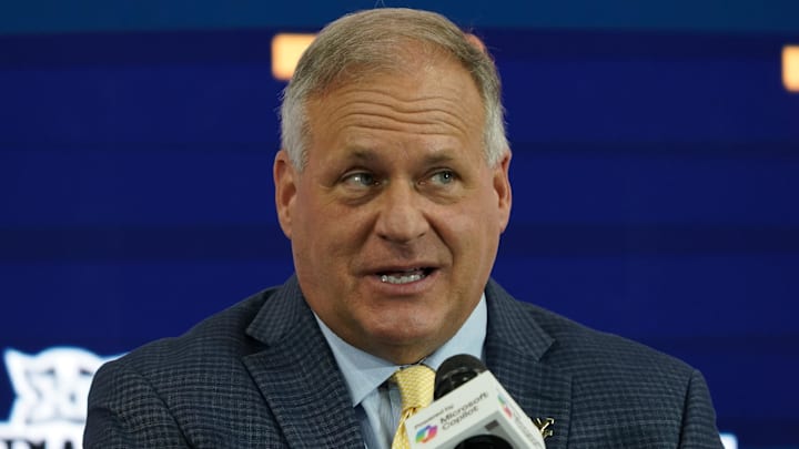Jul 9, 2025; Frisco, TX, USA; West Virginia head coach Rich Rodriguez speaks with the media during 2025 Big 12 Football Media Days at The Star. Mandatory Credit: Raymond Carlin III-Imagn Images