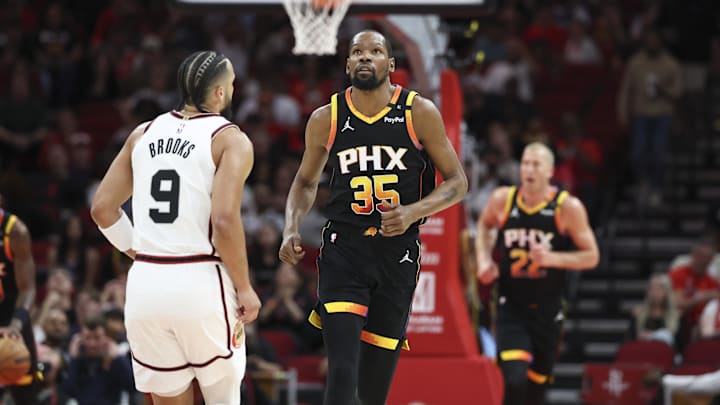 Mar 12, 2025; Houston, Texas, USA; Phoenix Suns forward Kevin Durant (35) looks up after a play during the first quarter against the Houston Rockets at Toyota Center. Mandatory Credit: Troy Taormina-Imagn Images
