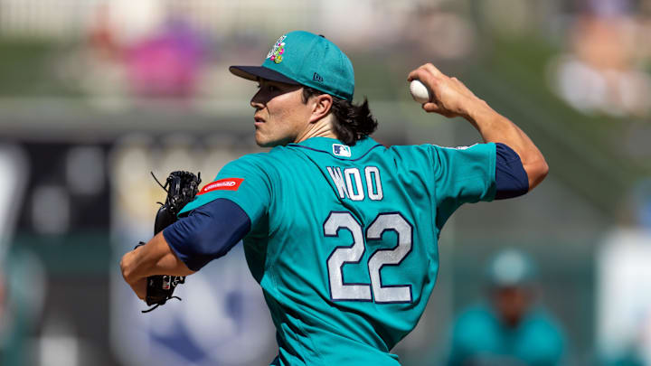 Feb 25, 2026; Surprise, Arizona, USA; Seattle Mariners pitcher Bryan Woo against the Kansas City Royals during a spring training game at Surprise Stadium. Mandatory Credit: Mark J. Rebilas-Imagn Images
