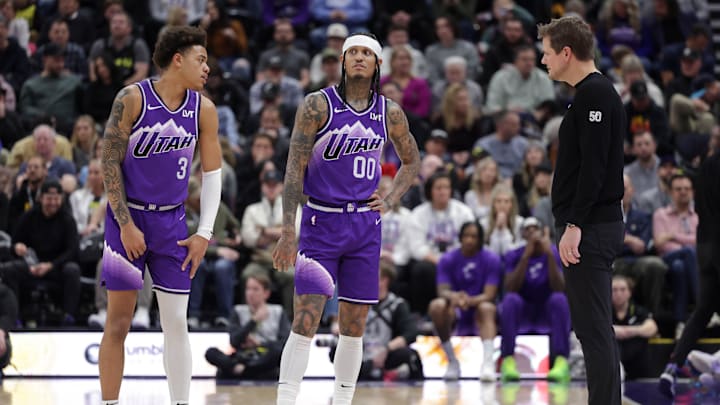 Jan 18, 2024; Salt Lake City, Utah, USA;  Utah Jazz guard Keyonte George (3) and guard Jordan