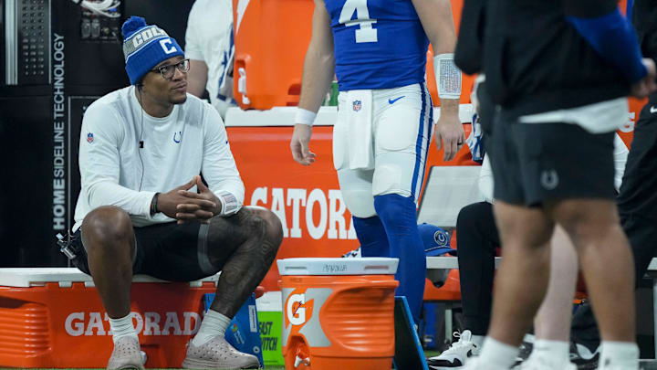 Indianapolis Colts quarterback Anthony Richardson (5) sits on the sideline Sunday, Jan. 5, 2025, during a game against the Jacksonville Jaguars at Lucas Oil Stadium in Indianapolis. Indianapolis Colts quarterback Anthony Richardson (5) sits on the sideline Sunday, Jan. 5, 2025, during a game against the Jacksonville Jaguars at Lucas Oil Stadium in Indianapolis.