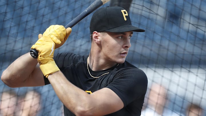 Pittsburgh, Pennsylvania, USA; Pittsburgh Pirates shortstop Konnor Griffin who was the ninth overall pick in first round of the 2024 First-Year Player Draft in the batting cage before a game against the Arizona Diamondbacks at PNC Park.