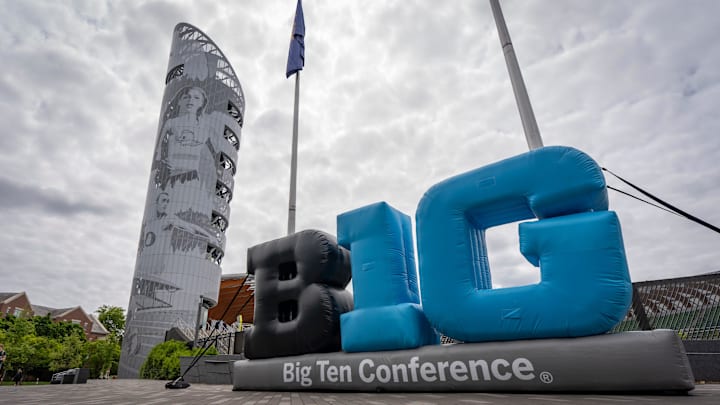An inflatable Big Ten Conference logo adorns the outside of the track during the Big Ten Outdoor Track and Field Championships.