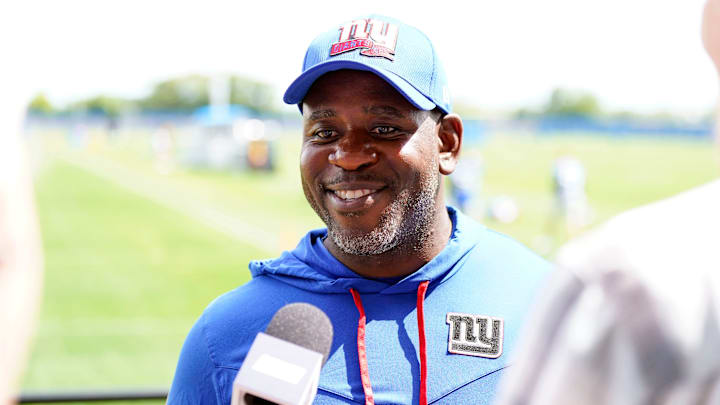 John Egorugwu, New York Giants inside linebackers coach, talks to reporters before mandatory minicamp at the Giants training center in East Rutherford on Tuesday, June 13, 2023.