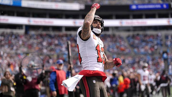 Dec 21, 2025; Charlotte, North Carolina, USA; Tampa Bay Buccaneers wide receiver Mike Evans (13) reacts a touchdown during the first half against the Carolina Panthers at Bank of America Stadium. Mandatory Credit: Jim Dedmon-Imagn Images