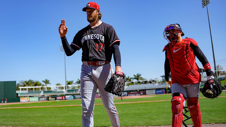Pitcher Bailey Ober gestures to the crowd while walking to the dugout with catcher Christian Vazquez after a live batting practice session during the Minnesota Twins' first full-squad workout of spring training at the Lee Health Sports Complex in Fort Myers, Fla., on Monday, Feb. 17, 2025. Pitcher Bailey Ober gestures to the crowd while walking to the dugout with catcher Christian Vazquez after a live batting practice session during the Minnesota Twins' first full-squad workout of spring training at the Lee Health Sports Complex in Fort Myers, Fla., on Monday, Feb. 17, 2025.
