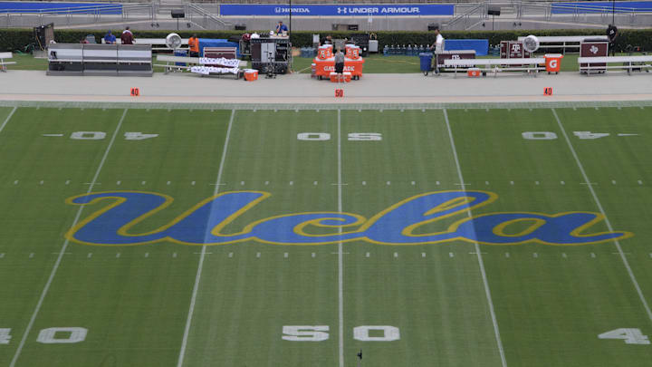 Sep 3, 2017; Pasadena, CA, USA; General overall view of the UCLA Bruins logo at midfield during a Sep 3, 2017; Pasadena, CA, USA; General overall view of the UCLA Bruins logo at midfield during a