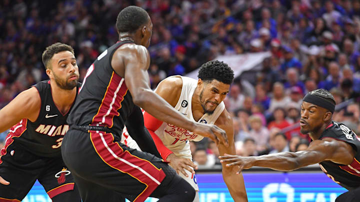 Apr 6, 2023; Philadelphia, Pennsylvania, USA; Philadelphia 76ers forward Tobias Harris (12) battles