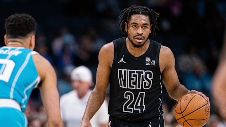 Mar 8, 2025; Charlotte, North Carolina, USA; Brooklyn Nets guard Cam Thomas (24) brings the ball up court against the Charlotte Hornets during the first quarter at Spectrum Center. Mandatory Credit: Scott Kinser-Imagn Images Mar 8, 2025; Charlotte, North Carolina, USA; Brooklyn Nets guard Cam Thomas (24) brings the ball up court against the Charlotte Hornets during the first quarter at Spectrum Center. Mandatory Credit: Scott Kinser-Imagn Images