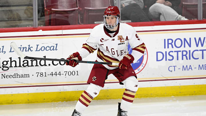 Feb 28, 2025; Chestnut Hill, MA, USA; Boston College forward Ryan Leonard (9) skates against the University of New Hampshire Wildcats during the second period at Conte Forum. Mandatory Credit: Eric Canha-Imagn Images Feb 28, 2025; Chestnut Hill, MA, USA; Boston College forward Ryan Leonard (9) skates against the University of New Hampshire Wildcats during the second period at Conte Forum. Mandatory Credit: Eric Canha-Imagn Images