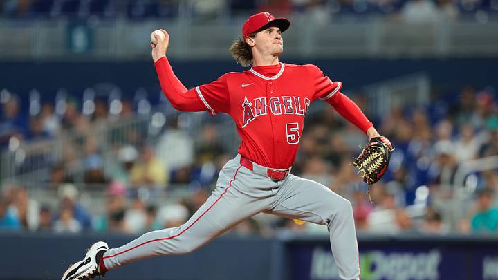 Aug 7, 2026; Miami, Florida, USA; Los Angeles Angels starting pitcher George Klassen (58) delivers a pitch against the Miami Marlins during the first inning at loanDepot Park. Mandatory Credit: Sam Navarro-Imagn Images Aug 7, 2026; Miami, Florida, USA; Los Angeles Angels starting pitcher George Klassen (58) delivers a pitch against the Miami Marlins during the first inning at loanDepot Park. Mandatory Credit: Sam Navarro-Imagn Images