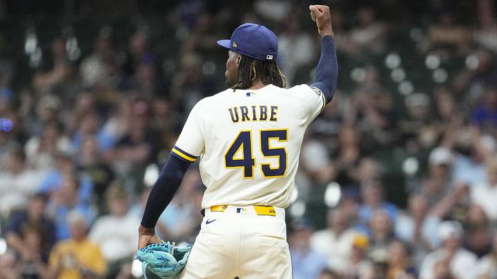 May 26, 2026; Milwaukee, Wisconsin, USA; Milwaukee Brewers pitcher Abner Uribe (45) celebrates the final out of in the eighth inning against the St. Louis Cardinals at American Family Field. Mandatory Credit: Michael McLoone-Imagn Images May 26, 2026; Milwaukee, Wisconsin, USA; Milwaukee Brewers pitcher Abner Uribe (45) celebrates the final out of in the eighth inning against the St. Louis Cardinals at American Family Field. Mandatory Credit: Michael McLoone-Imagn Images