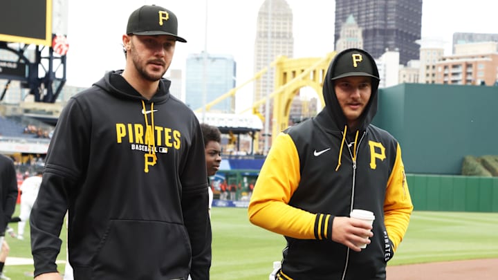 Apr 5, 2026; Pittsburgh, Pennsylvania, USA;  Pittsburgh Pirates pitchers Paul Skenes (left) and Bubba Chandler (right) make their way in from the bullpen before the game against the Baltimore Orioles at PNC Park. Mandatory Credit: Charles LeClaire-Imagn Images