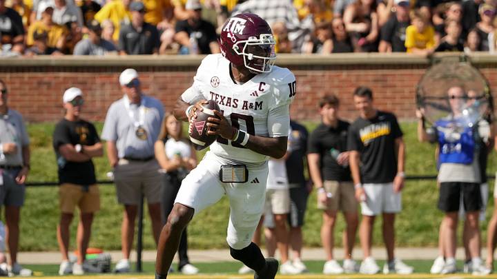 Oct 10, 2026; Columbia, Missouri, USA; Texas A&M Aggies quarterback Marcel Reed (10) drops back to pass against the Missouri Tigers during the first half of the game at Faurot Field at Memorial Stadium. Mandatory Credit: Denny Medley-Imagn Images Oct 10, 2026; Columbia, Missouri, USA; Texas A&M Aggies quarterback Marcel Reed (10) drops back to pass against the Missouri Tigers during the first half of the game at Faurot Field at Memorial Stadium. Mandatory Credit: Denny Medley-Imagn Images