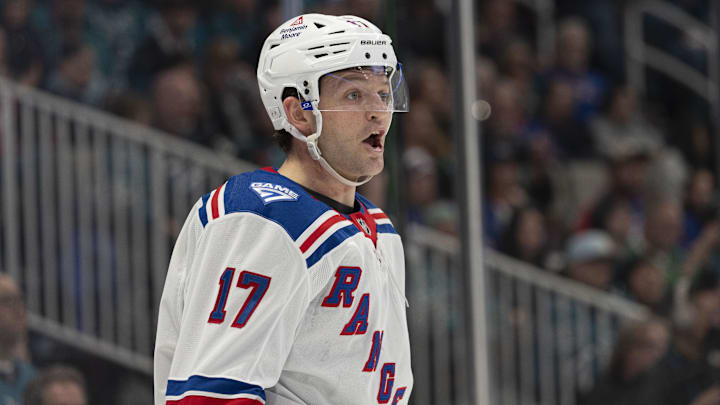 Jan 23, 2026; San Jose, California, USA; New York Rangers defenseman Will Borgen (17) reacts to a referee call during the second period against the San Jose Sharks at SAP Center at San Jose. Mandatory Credit: Stan Szeto-Imagn Images Jan 23, 2026; San Jose, California, USA; New York Rangers defenseman Will Borgen (17) reacts to a referee call during the second period against the San Jose Sharks at SAP Center at San Jose. Mandatory Credit: Stan Szeto-Imagn Images