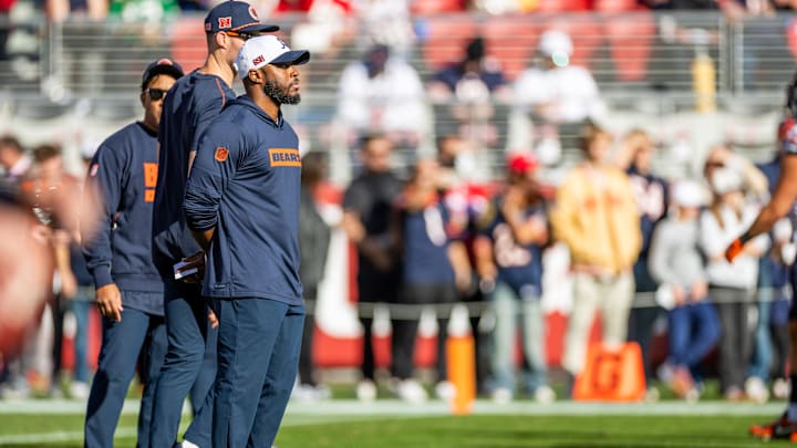 Dec 8, 2024; Santa Clara, California, USA; Chicago Bears interim head coach Thomas Brown watches his team during warmups before the game against the San Francisco 49ers at Levi's Stadium. Mandatory Credit: Bob Kupbens-Imagn Images