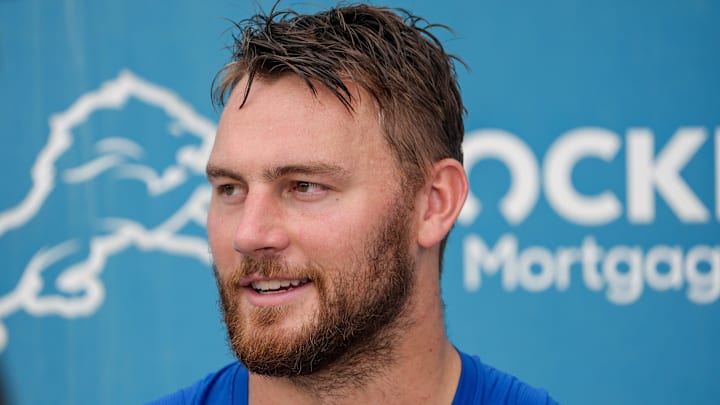 TE Brock Wright speaks to the media during the Detroit Lions training camp at the Lions headquarters in Allen Park, Mich. on Friday, Aug 2, 2024.