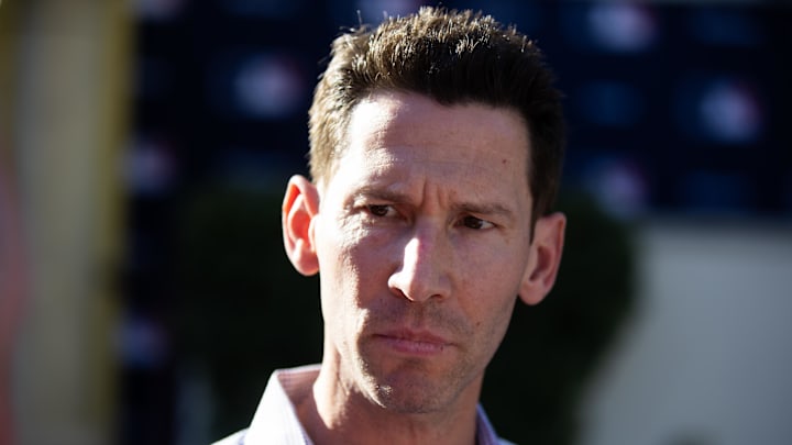 Nov 7, 2023; Scottsdale, AZ, USA; Boston Red Six chief baseball officer Craig Breslow speaks to the media during the MLB General Manager's Meetings at Omni Scottsdale Resort & Spa. Mandatory Credit: Mark J. Rebilas-Imagn Images
