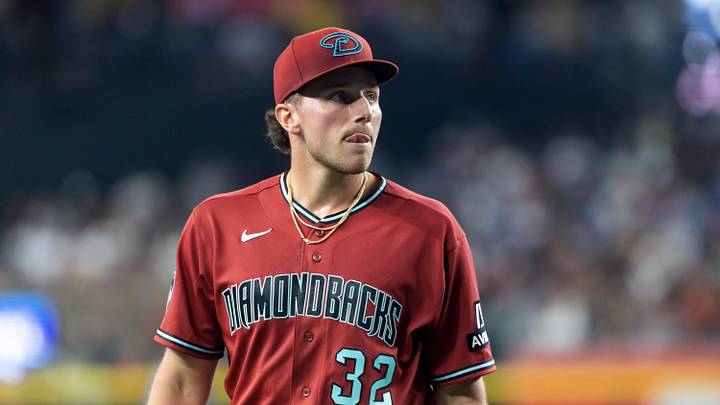 Apr 19, 2026; Phoenix, Arizona, USA; Arizona Diamondbacks pitcher Brandon Pfaadt reacts in the fourth inning against the Toronto Blue Jays at Chase Field. Mandatory Credit: Mark J. Rebilas-Imagn Images