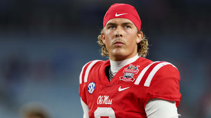 Jan 2, 2025; Jacksonville, FL, USA; Mississippi Rebels quarterback Jaxson Dart (2) warms up before the Gator Bowl against the Duke Blue Devils at EverBank Stadium. Mandatory Credit: Nathan Ray Seebeck-Imagn Images Jan 2, 2025; Jacksonville, FL, USA; Mississippi Rebels quarterback Jaxson Dart (2) warms up before the Gator Bowl against the Duke Blue Devils at EverBank Stadium. Mandatory Credit: Nathan Ray Seebeck-Imagn Images