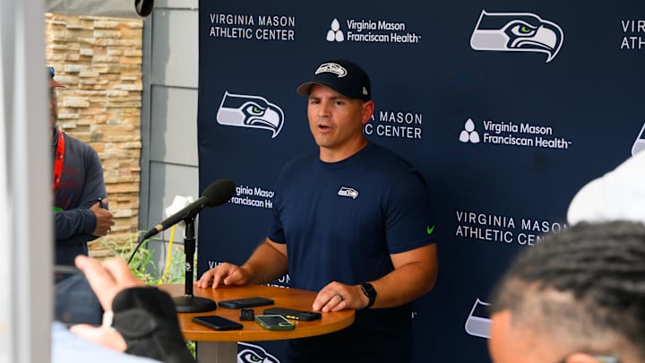 Seattle Seahawks head coach Mike Macdonald talks to the media