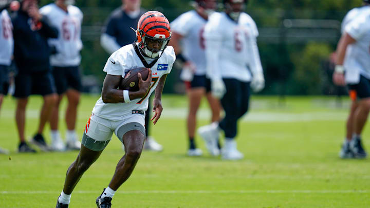 Cincinnati Bengals wide receiver Stanley Morgan (17) runs with a catch during a training camp practice at the Paycor Stadium practice field in downtown Cincinnati on Wednesday, July 26, 2023.