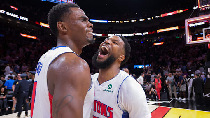 Mar 19, 2025; Miami, Florida, USA; Detroit Pistons guard Malik Beasley (5) celebrates with center Jalen Duren (0) after the game against the Miami Heat at Kaseya Center. Mandatory Credit: Sam Navarro-Imagn Images Mar 19, 2025; Miami, Florida, USA; Detroit Pistons guard Malik Beasley (5) celebrates with center Jalen Duren (0) after the game against the Miami Heat at Kaseya Center. Mandatory Credit: Sam Navarro-Imagn Images