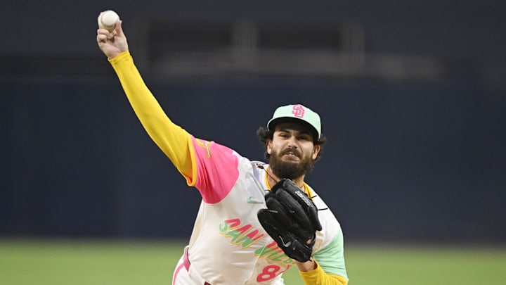 Mar 28, 2025; San Diego, California, USA; San Diego Padres starting pitcher Dylan Cease (84) delivers during first inning against the Atlanta Braves at Petco Park.