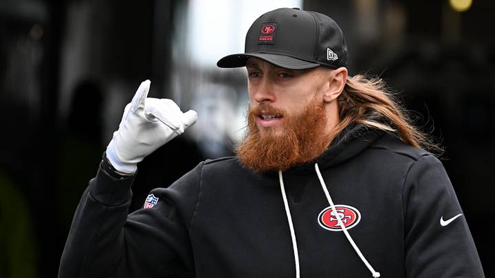 Jan 11, 2026; Philadelphia, PA, USA; San Francisco 49ers tight end George Kittle (85) looks on during warmups prior to an NFC Wild Card Round game against the Philadelphia Eagles at Lincoln Financial Field. Mandatory Credit: Eric Hartline-Imagn Images