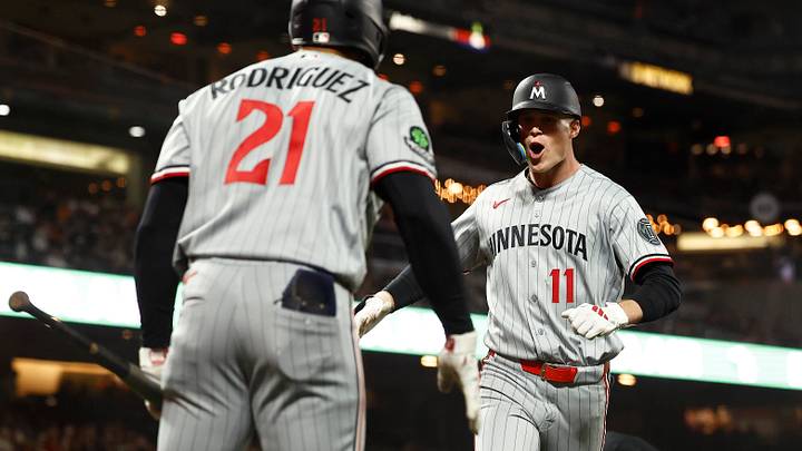 Sep 22, 2026; San Francisco, California, USA; Minnesota Twins center fielder Walker Jenkins (11) celebrates with left fielder Emmanuel Rodriguez (21) after hitting a solo home run against the San Francisco Giants during the seventh inning at Oracle Park. Mandatory Credit: Kelley L Cox-Imagn Images Sep 22, 2026; San Francisco, California, USA; Minnesota Twins center fielder Walker Jenkins (11) celebrates with left fielder Emmanuel Rodriguez (21) after hitting a solo home run against the San Francisco Giants during the seventh inning at Oracle Park. Mandatory Credit: Kelley L Cox-Imagn Images