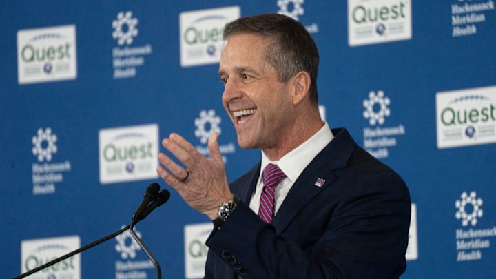 New Giants Head Coach John Harbaugh speaks during a press conference welcoming Harbaugh at the Quest Diagnostics Training Center in East Rutherford on Tuesday, Jan. 20, 2025. New Giants Head Coach John Harbaugh speaks during a press conference welcoming Harbaugh at the Quest Diagnostics Training Center in East Rutherford on Tuesday, Jan. 20, 2025.
