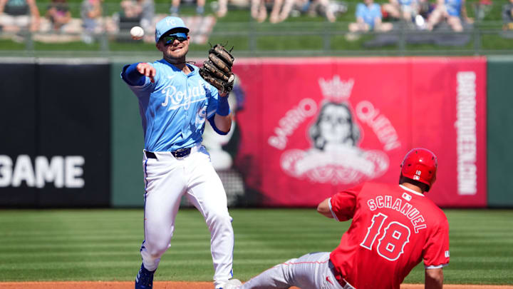 Mar 13, 2024; Surprise, Arizona, USA; Kansas City Royals second baseman Michael Massey (19) throws Mar 13, 2024; Surprise, Arizona, USA; Kansas City Royals second baseman Michael Massey (19) throws