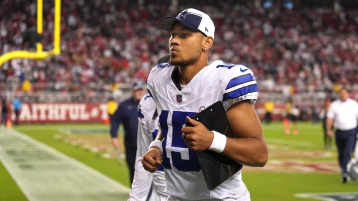 Oct 8, 2023; Santa Clara, California, USA; Dallas Cowboys quarterback Trey Lance (15) jogs off of Oct 8, 2023; Santa Clara, California, USA; Dallas Cowboys quarterback Trey Lance (15) jogs off of
